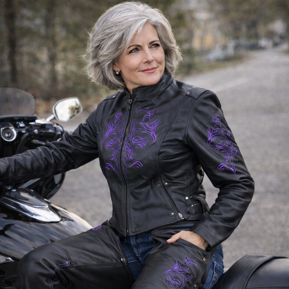 Milwaukee‎ Leather Women's Black Purple Jacket & Chaps Set Reflective Tribal